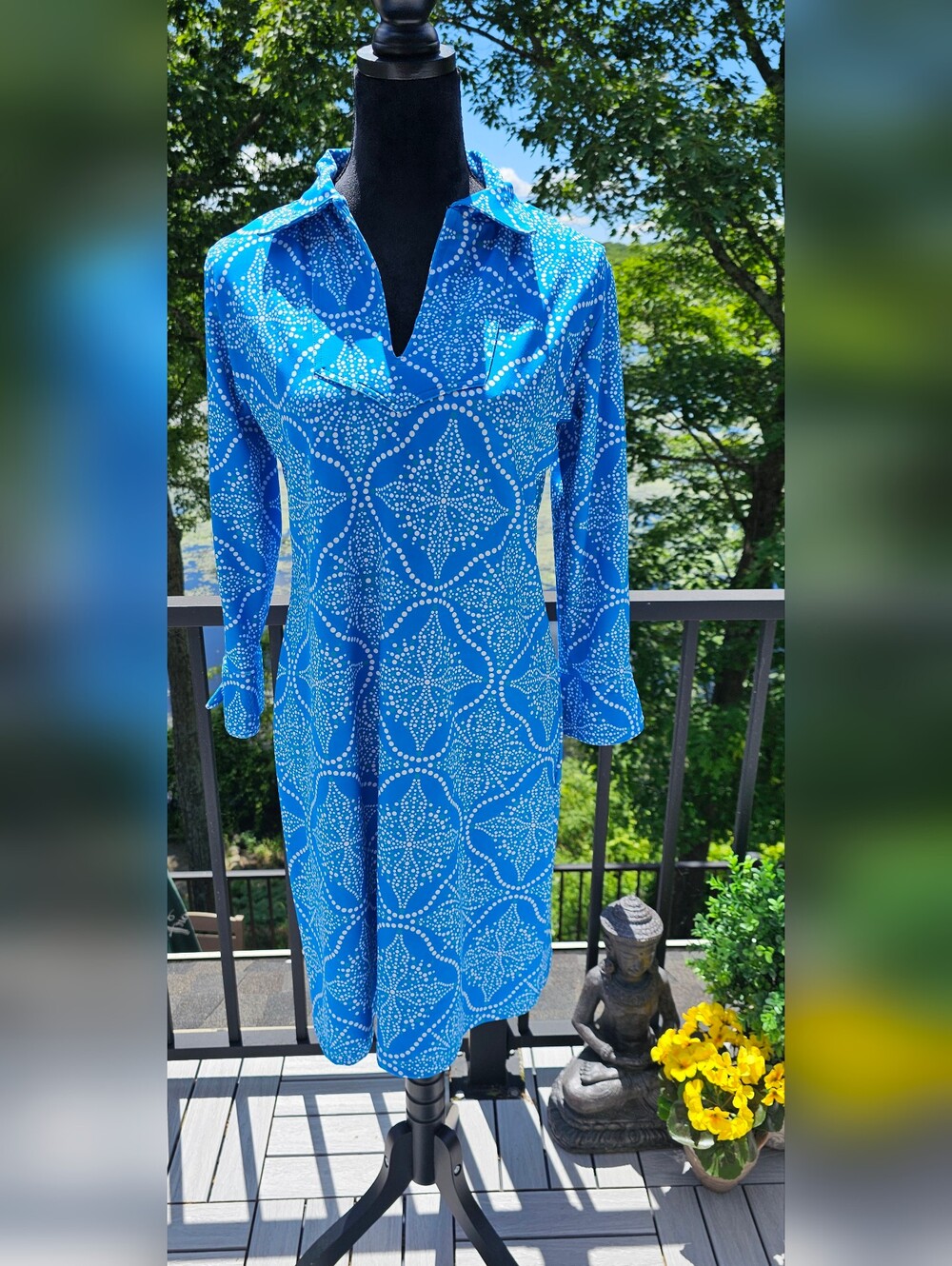 Chelsea Gunn Lamu polo dress in blue geometric pattern with 3/4 sleeves Women M
